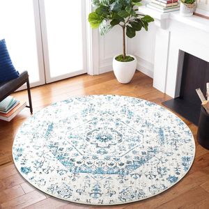 Rond zacht pluizig cirkeltapijt - 90 cm - Antislip - Wasbaar - Bloemenprint - Blauw vloerkleed