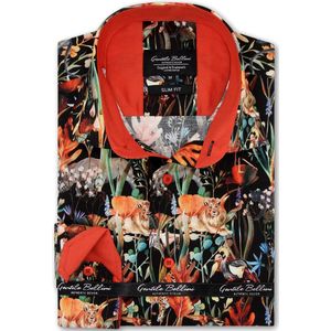 Heren Overhemd - Slim Fit - Jungle Print - Zwart - Maat L