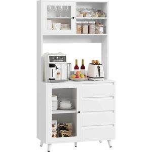 DHN Hoge keukenkast - Keuken Organizer - 180Cm Hoge Opbergkast - Keukenkast Glazen Deuren - Wit