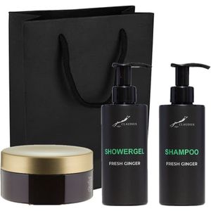 Douchepakket Fresh Ginger - Showergel + Shampoo + Scrubzout 300 gram - 300 ml per fles - set van 3 stuks - met luxe gift tas - cadeau - giftset voor hem en haar