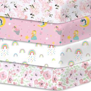 Set van 4 Zacht en Hypoallergeen Hoeslakens voor Babybedje met Bloemen en Regenbogen