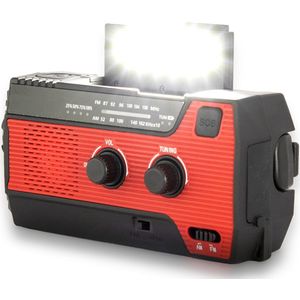 Noodradio Solar Opwindbaar en Batterijen - Noodpakket - Draagbare Survival Radio - Powerbank en Zonneenergie - Bouwradio - Zaklamp - 4000 mAh - Rood