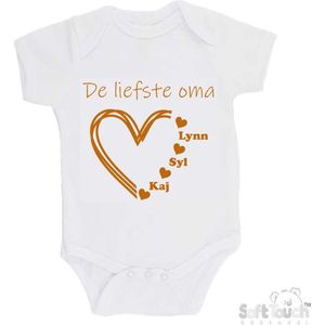 100% katoenen Romper ""De liefste oma met de namen van 3 kleinkinderen"" Unisex Katoen Wit/tan Maat 62/68