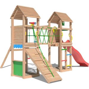 Jungle Gym speeltoestel van douglas hout - Jungle Gatehouse met rode glijbaan - Tuin speeltoestel voor buiten met balanceerbrug, klimhelling en winkeltje