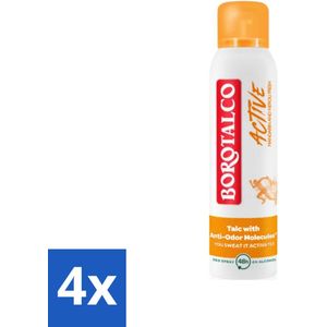4 x Borotalco - Deodorant Spray - Active - Mandarin & Neroli Fresh - 0% Alcohol - 150 ml - Deodorant Spray - Antitranspirant - Mandarijn - Neroli - Frisse Geur