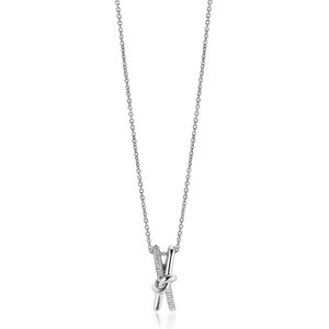 45cm ZINZI zilveren ketting met cross-over hanger 19mm met knoop, bezet met witte zirconia's ZIC2505