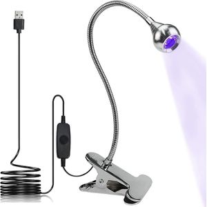 UV-lamp 4 W - paars licht - USB - nageldrogers - mobiele telefoon reparatie - printplaten - zilver - clip en schakelaar - bankbiljettencontrole