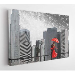 Fantasy illustration with milky way, stars. Landscape view of the city area. I'm painting New York. Skyscrapers and sky. Man and woman under a red umbrella - Modern Art Canvas - Horizontal - 635635619 - 115*75 Horizontal