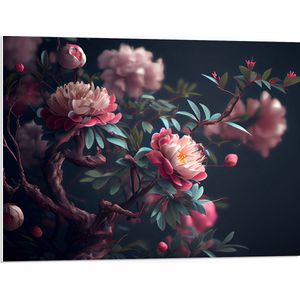 PVC Schuimplaat - Roze Bloemen aan Bruine Tak - 80x60 cm Foto op PVC Schuimplaat (Met Ophangsysteem)