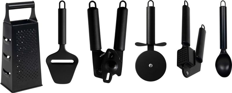 Cookinglife Keukengerei Set Zwart - 6-delig - Torenrasp, Knoflookpers, Blikopener, Pizzasnijder, Kaasschaaf & IJschep
