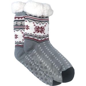 Merino Wollen sokken - Licht Grijs met Rode Sneeuwvlok - maat 35/38 - Huissokken - Antislip sokken - Warme sokken – Winter sokken