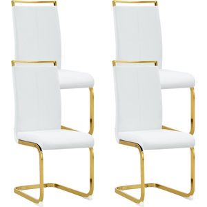 Moderne eetkamerstoelen set van 4, goud verchroomd metalen frame, eenvoudige en elegante stoel, waterdichte stoel, rugleuning gemaakt van PU-kunstleer, zijstoel met hoge rugleuning, wit