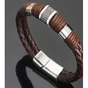 Trendy Gevlochten Leren Heren Armband - Bruin / Zilver - 21 cm | Sieraad Vaderdag Cadeau