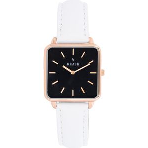 KRAEK Elena Rosé Goud Zwart 28 mm | Dames Horloge | Wit leren horlogebandje | Vierkant | Minimaal Design