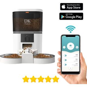 DKProducts.nl Automatische voerbak wit - Nieuw Model - Duo Bowl - Voerautomaat Met App - Voerbak hond - Smartphone Besturing - Voerinhoud 6 Liter - Voor Katten- en Hondenvoer - Droogvoer - WiFi - Automatische voerbak kat - Automatische voerbak