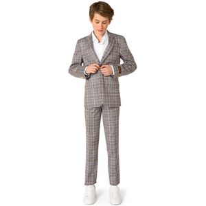 OppoSuits Daily Checked Tan Jongens Pak - Tiener Kostuum - Feesten & Gelegenheden Kostuum- Grijs - Maat EU146-152