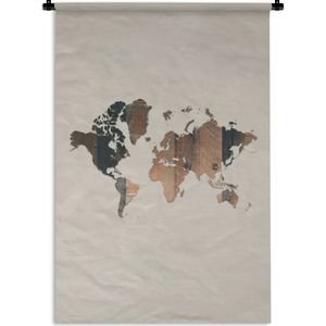 Wandkleed - Wanddoek - Wereldkaart - Houten plank - Bruin - 90x135 cm - Wandtapijt
