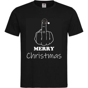 T-shirt Unisex Volwassenen Kerst Kerstmis Man Vrouw Grappig Tekst ""Merry Christmas met middelvinger"" Op Voorkant | korte mouw | Zwart/Wit | maat XL