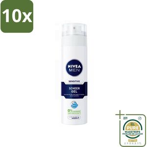 10 x NIVEA MEN - Scheergel - Sensitive - 200 ml - Grootverpakking - Scheergel Mannen - Gevoelige Huid - Scheerbeurt - Roodheid - Branderigheid