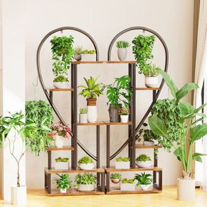 unho Plantenrek - Plantenstandaard - Plantenplanken voor binnen - Bloemenplank met 6 lagen en 4 haken - Hartvorm - Rustiek bruin en zwart - 165 cm hoog
