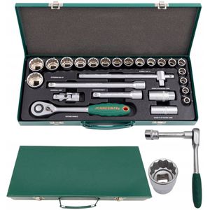 Jonnesway 1/2"" Doppeldop Set 25 Delig 12-Kant - Ratel