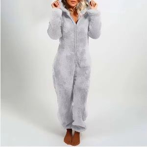 Warme fleece dames onesie met rits en capuchon – Zachte winter pyjama van pluche – Loungewear nachtkleding maat M
