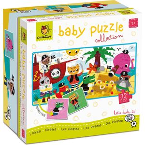 Ludattica DUDÙ Puzzels: BABY PUZZEL PIRATEN, 18x18x10cm, 8 dubbelzijdige puzzels van 4 stukjes (16x16cm) vormen op de achterkant een puzzel van 32 stukjes, 2+