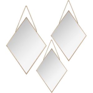 Atmosphera - Set van 3x spiegels/wandspiegels ruit metaal goud met ketting - Woondecoratie/accessoires
