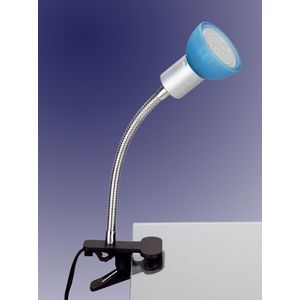 Trango LED Klemlamp 2989-010 *EASY* Tafellamp I Leeslamp I Clip Lamp met Blauw Glazen Lampenkap, Klemspot I Nachtlampje I Bureaulamp incl. 1x 5 Watt GU10 3000K warm witte LED lamp