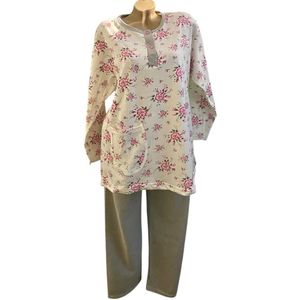 Dames flanel pyjamaset warm gevoerd met extra lange top XXL (42-44) grijs/roze/wit