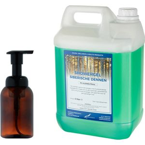 Zeepdispenser 300 ml amber bruin hervulbaar + 5 liter Showergel Siberische Dennen navulling