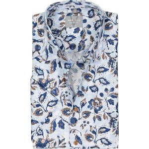 MARVELIS comfort fit overhemd - korte mouw - popeline - lichtblauw met beige en donkerblauw dessin - Strijkvrij - Boordmaat: 50