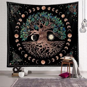 Tree of Life-tapijt, maanfase-tapijt, zwart-wit zon-maan-tapijt, muurbehang, psychedelisch mandala-tapijt voor woonkamer, sprei, muurbehang voor kamer, slaapkamer