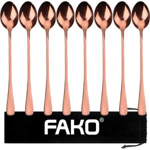 Fako Bijoux® - 8 Lange Lepels - Latte Macchiato - Longdrink - Cocktail - Dessert - IJs - Koffie - Rosé Goud - 8 Stuks - Bewaarzakje