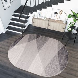 Tapiso Sari Vloerkleed Beige Grijs Ovaal Lijnen Modern Woonkamer Slaapkamer Tapijt Maat- 140x190