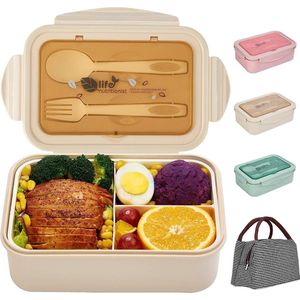 box voor kinderen en volle, luchtdichte broodtrommel met lunchzakjes, lepelvork, BPA-vrije en voedselveilige broodtrommel met 3 zakjes (beige)