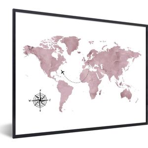 Fotolijst incl. Poster - Wereldkaart - Roze - Vliegtuig - 40x30 cm - Posterlijst