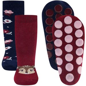 Antislipsokken Ewers Kindermaat - DUOPACK - Donkerblauw & Wijnrood met Hertje en Bloemen - Siliconen Noppen-18/19