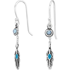 Joy|S - Zilveren veer bedel oorbellen - oorhangers - blauw opal - turquoise - geoxideerd -