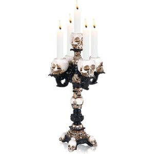 Kaarsenhouder Zwart, Halloween Standbeeld Kaarsenhouder Taper Kaarsen met 3 Armen, Gotische Schedel Hars Ornamenten Decoratie, Schedellamp Vintage Tafeldecoratie voor Woonkamer, Slaapkamer, Keuken (5 Armen)