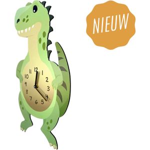 Kinderklok Dino/Dinosaurus groen | STIL UURWERK | dieren wandklok van hout voor kinderkamer en babykamer - decoratie accessoires | jongens slaapkamer