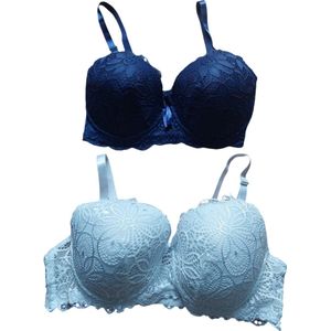 Dames - Voorgevormde BH - Verstelbare bandjes - Merk Caralino - Kleur Blauw - Met Kant - Maat 75D