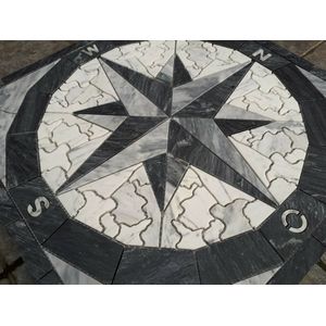 Mozaiek tegel - Marmer medallion windroos - 60 x 60 cm - antraciet grijs wit - 066