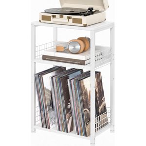 Platenspeler rek met 3-traps platenspelerkast, die tot 100 albums kan bewaren, vintage vinyl plank, bijzettafel met beschermend ijzeren net, vinylplatenrek voor woonkamer en kantoor (wit)
