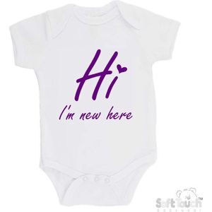 100% katoenen Romper ""Hi I'm new here"" Met Een Hartje Meisjes Katoen Wit/paars Maat 62/68