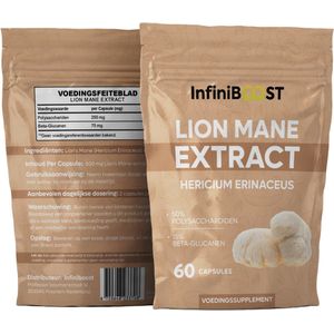 Infiniboost Lion's Mane Extract - 50% Polysacchariden en 15% Beta Glucanen - Hericium Erinaceus - Hoge Dosering - Paddestoel Supplement - Lions Mane 500mg Capsules
