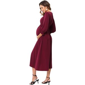 Korte mouwen zwangerschapsjurk voor dames, bedrukte zwangerschapsjurk met ronde hals en ruches Bordeaux S