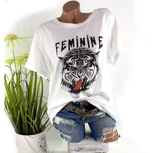 Trendy katoenen zomer t-shirt met print ""feminine"" tijgerkop kleur wit maat L/XL 40 42 44