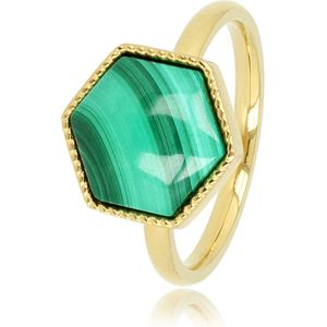 My Bendel - Goudkleurige ring met grote zeshoek Malachite edelsteen - Bijzondere goudkleurige ring gevormd in een zeshoek met Malachiet edelsteen - Met luxe cadeauverpakking