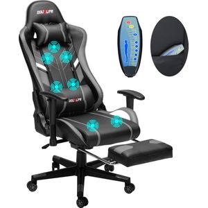 PU Massagestoel met voetenbankje - Ergonomische Gamestoel - 175° - Bureaustoel - Grijs&Zwart